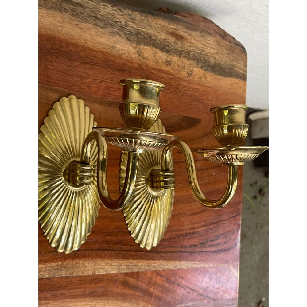 Pair of Vintage Brass Plated Two Arm Wall Sconce Candle Holders Fluted Sunburst